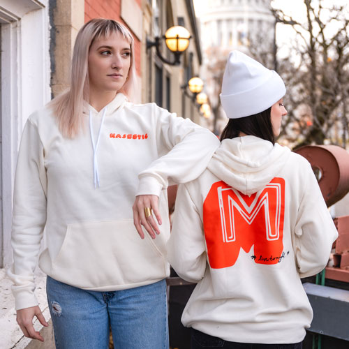 White pullover hooide with red Majestic logo